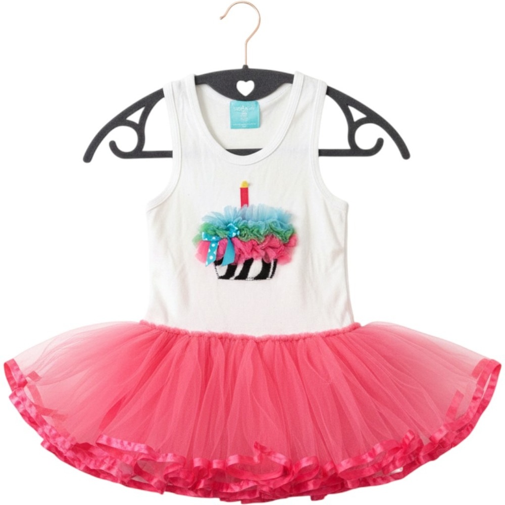Mud Pie Cupcake Tutu Dress Kids Size 2T 3T White Pink Good Birthday Ruffle